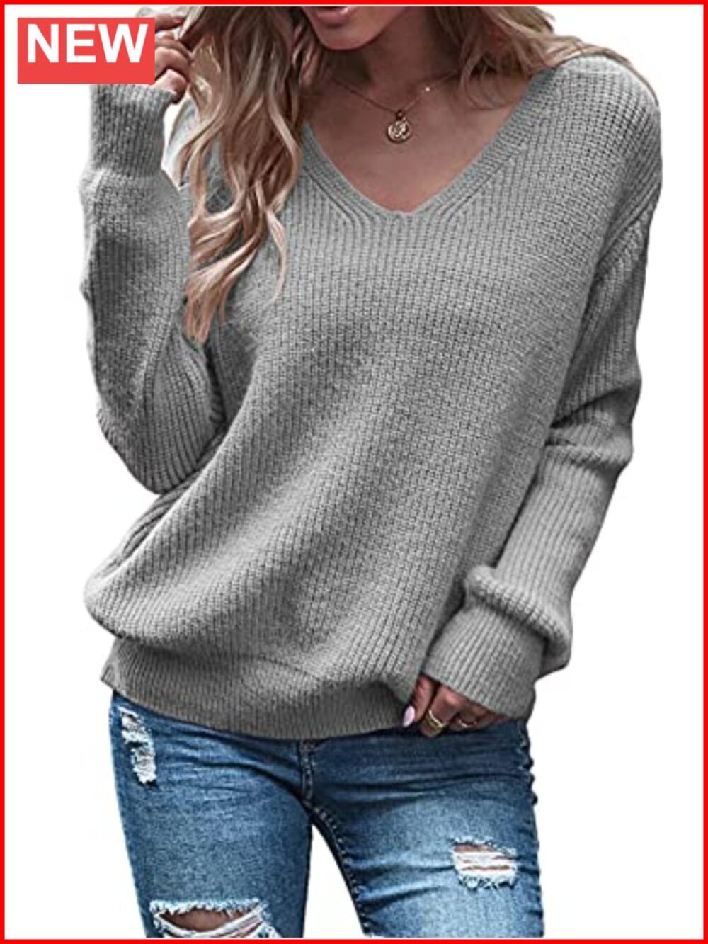 Women's Long Sleeve V Neck Pullover Sweater Oversized Chunky Knit Loose Fit